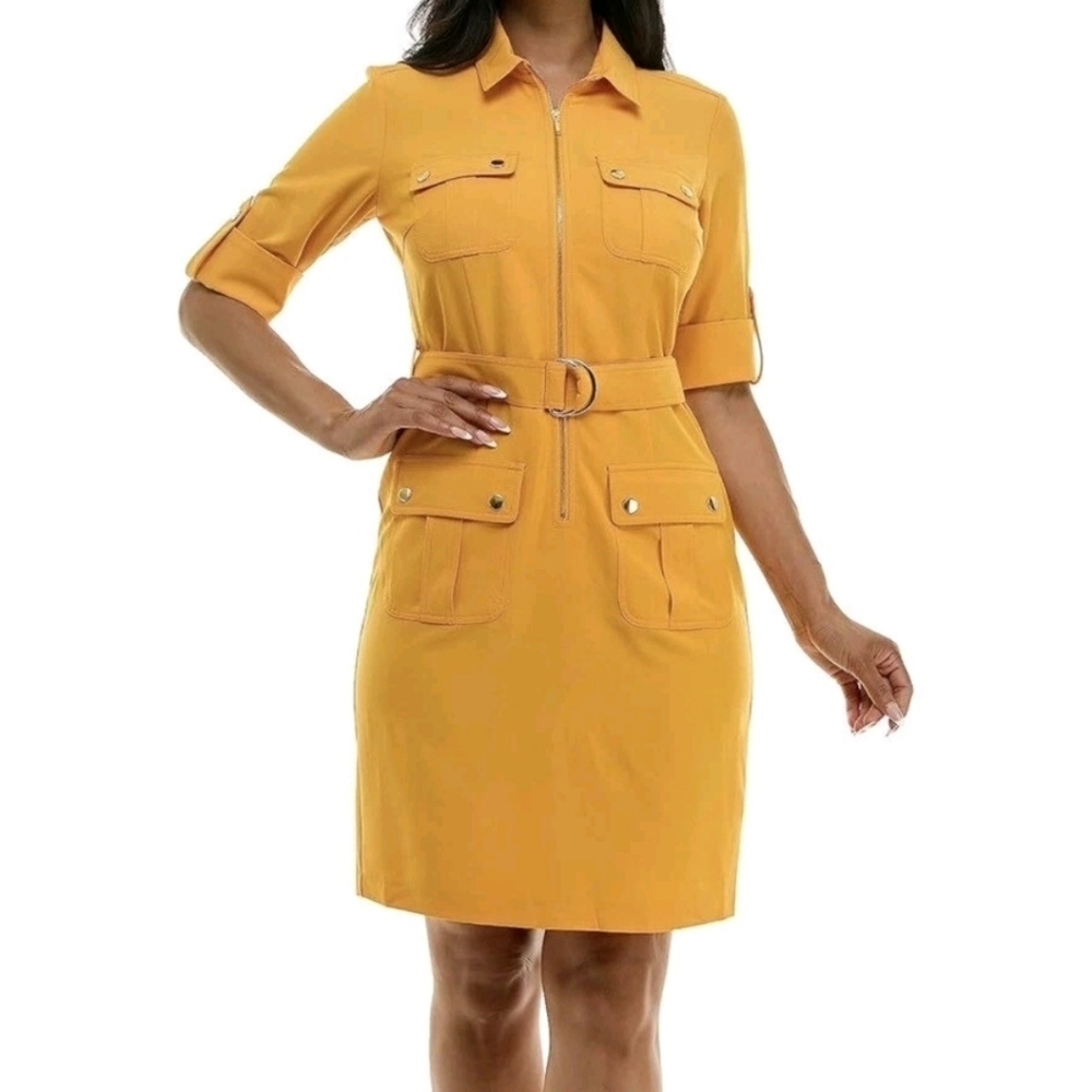 Sharagano Women's Yellow ShortSleeve Shirt Dress Front Pockets Half Zip Size 10